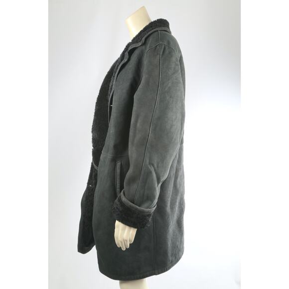 Vintage Dark Green Shearling Suede Coat Warm Winter Leather Trim Jacket Size M - Picture 12 of 16